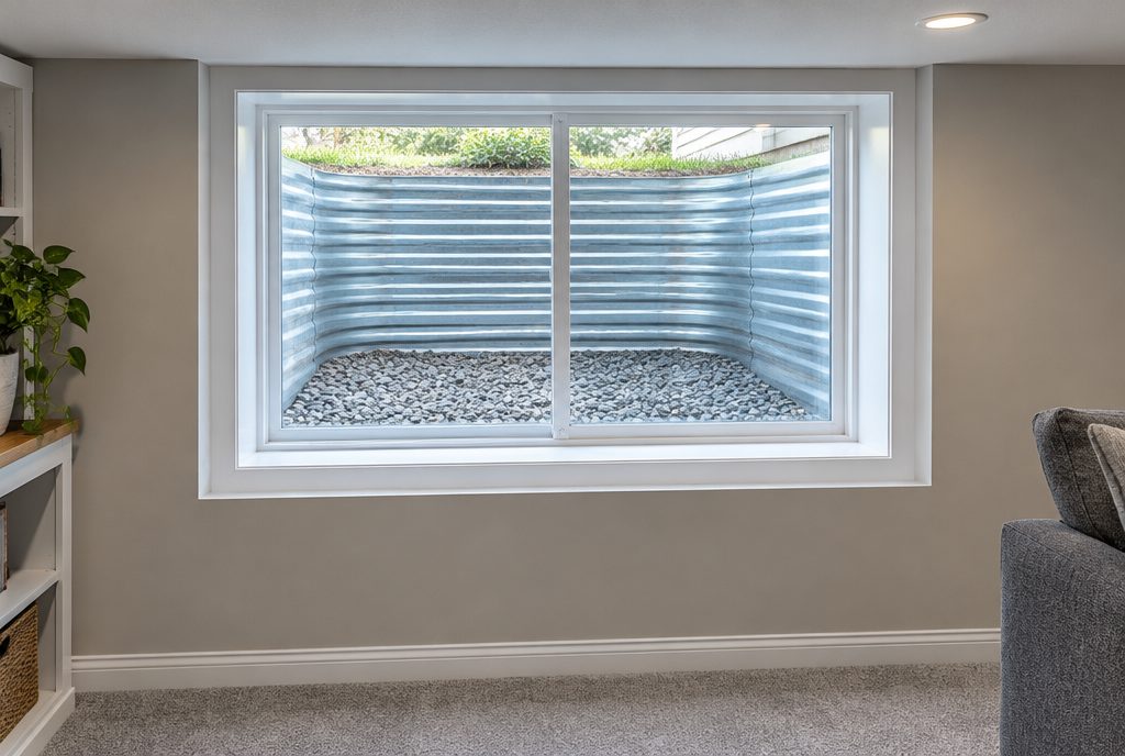 Finished basement egress window and window well on a Cleveland home