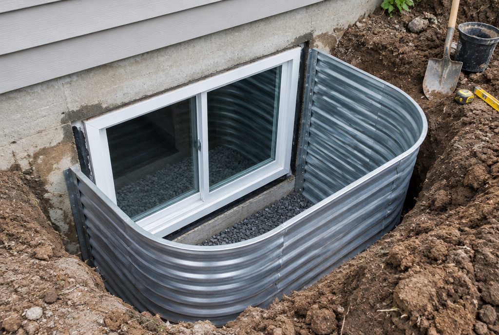 Crew installing a basement egress window and well in Cleveland